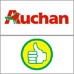 Логотипы "Auchan" и "поднятый большой палец" на собственной продукции гипермаркета Auchan
